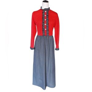 BAYBERRY Vintage 1970s Maxi Prairie Dress Red White Blue Ruffle Womens 14